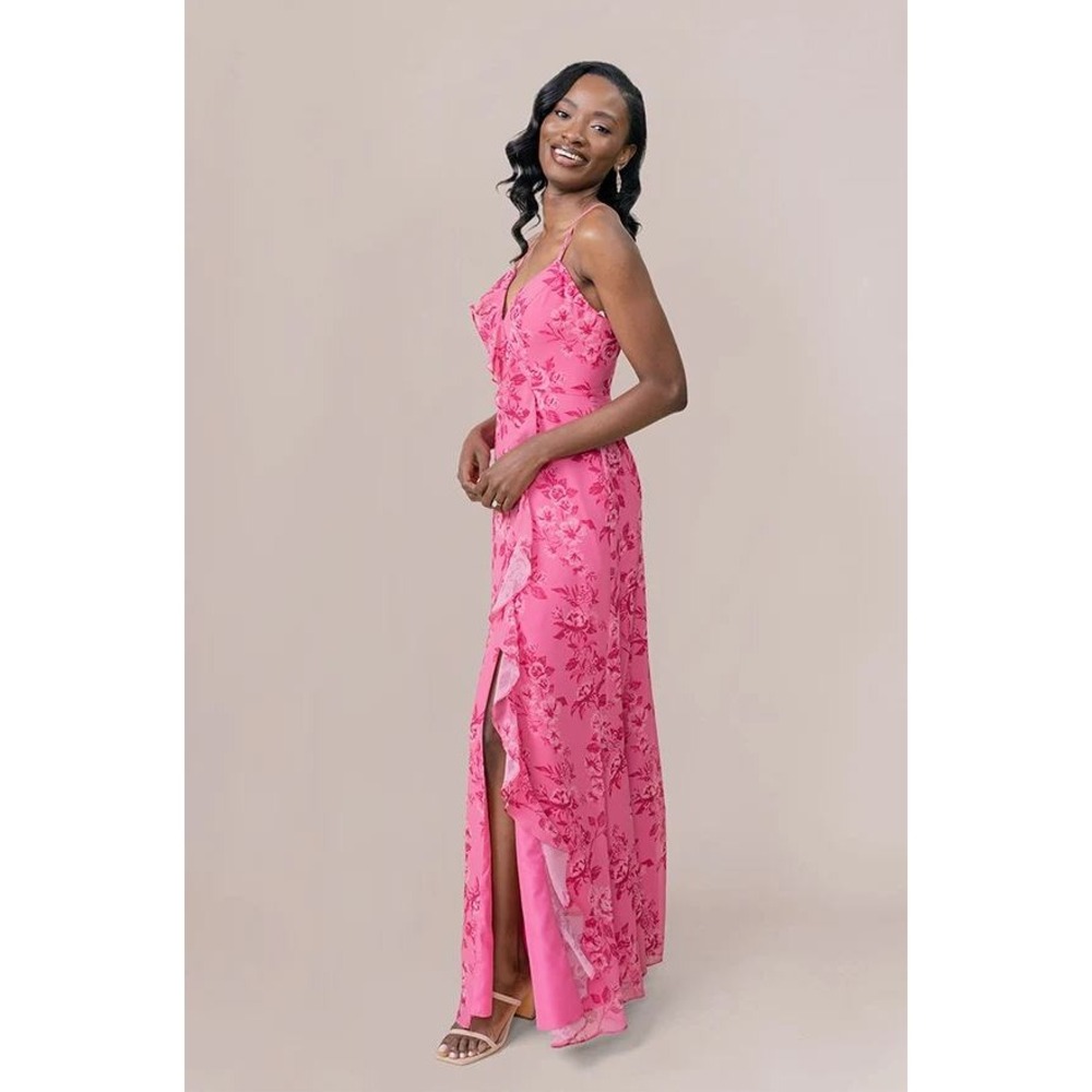Revelry Paloma Chiffon Floral Maxi Bridesmaid Dress Malibu Pink Bouquet Size 12